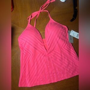 Kenneth Cole Reaction Hot Pink Lace-Trim Halter Tankini Top